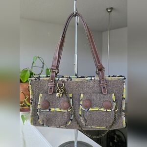 Gap Tweed Tote Wool Handbag Lock Key Charm Chain Y2K Vintage Rustic